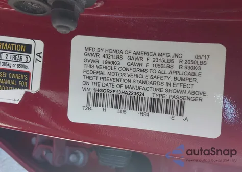 2017 Honda Accord Sport Se from USA, damaged, VIN 1HGCR2F13HA223624